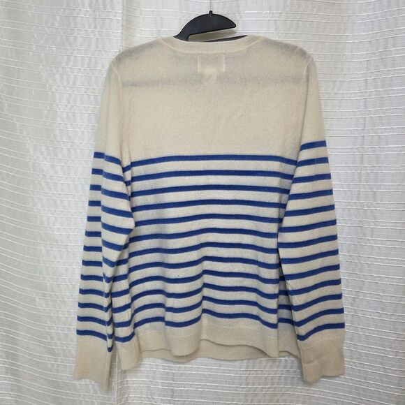 Cynthia Rowley Cashmere Sweater Round Neck Women's L/XL Cream-Blue Stripes - Picture 6 of 7